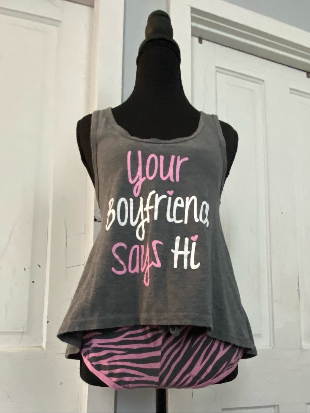 Women's Gray Tank Pajama Top with Pink Graphic